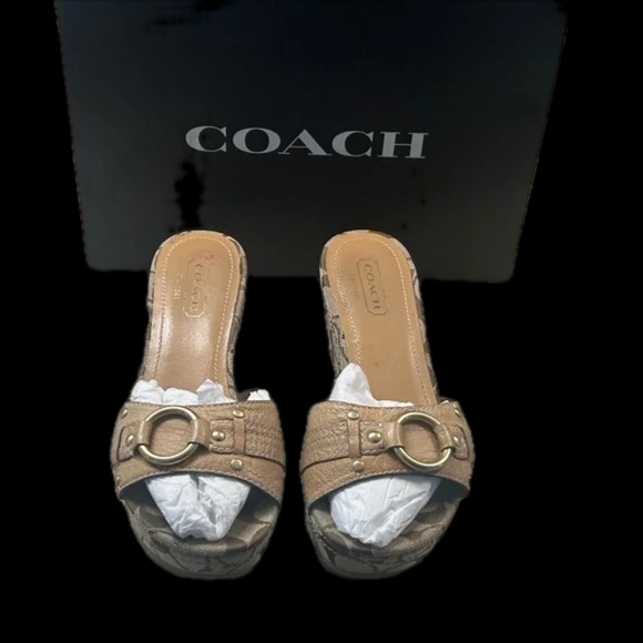 COACH Tan Leather Classic Monogram Wedge Sandals - Picture 3 of 4